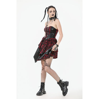 Close-up detailing of the corset-style bodice featuring intricate grommet details and adjustable straps on the dark in love tartan dress.