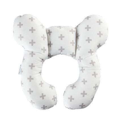 Luxury U-Shaped Infant Pillow by Dazzling Dreams Studio featuring a stylish grey cross pattern, designed for optimal neck support and comfort in strollers and cribs.