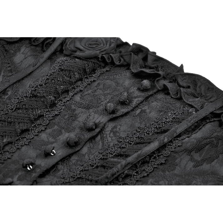 Elegant dark floral jacquard corset top featuring ruffled trims and lace-up back for a sophisticated gothic look.