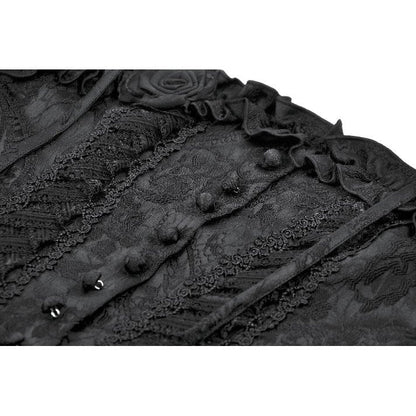 Elegant dark floral jacquard corset top featuring ruffled trims and lace-up back for a sophisticated gothic look.