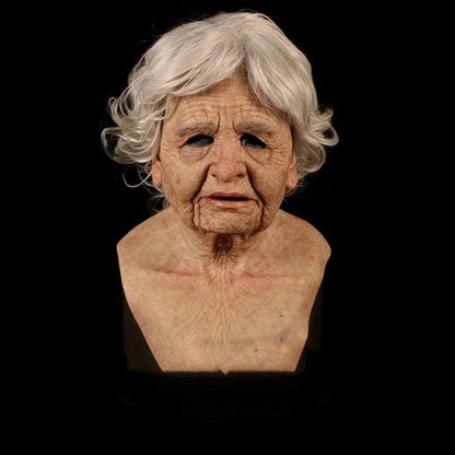 Old White Mask Bald Old Latex Headgear featuring a realistic elderly woman's face, ideal for humorous cosplay and festive gatherings.
