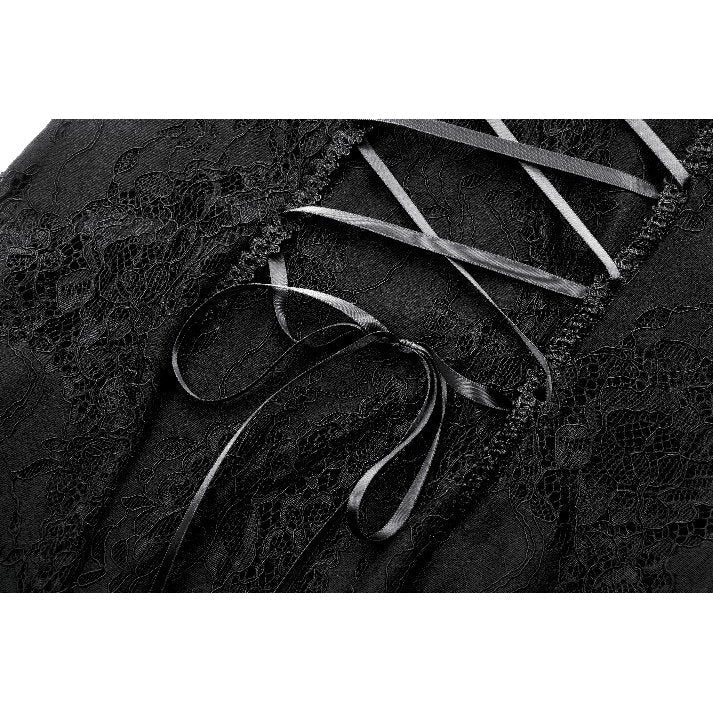 Full length view of a model wearing the Dark In Love Morwenna Black Gothic Maxi Dress, paired with a velvet choker and lace-up boots for a complete goth look.