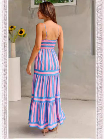 Summer Striped Printed Suspender Long Dress With Pockets displayed from the back, showcasing elegant design elements, made for luxurious summer adventures.