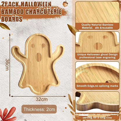 Halloween Ghost Wood Pan Plates - Premium bamboo charcuterie boards creatively illustrated with dimensions and informative details, perfect for stylish holiday gatherings and serving delightful foods.