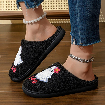 Sophisticated side view of Plush Black Ghost Cartoon Slippers for Halloween, exemplifying a unique combination of comfort and festive flair.