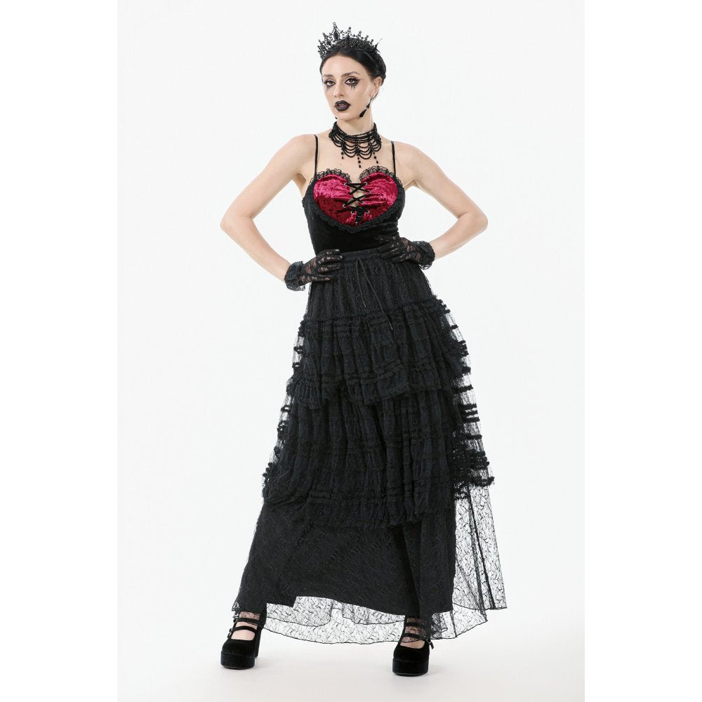 Stylish pairing of the Morticia Velvet & Lace Skirt with a vintage corset top, embodying dark romantic fashion and alternative style.