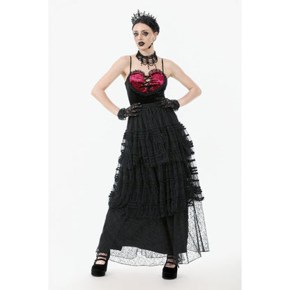 Stylish pairing of the Morticia Velvet & Lace Skirt with a vintage corset top, embodying dark romantic fashion and alternative style.