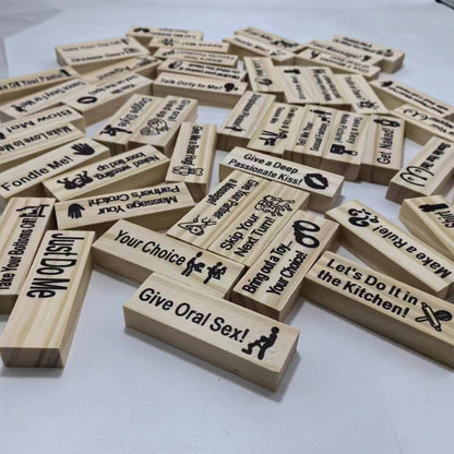 Couples' Sexy Jenga Game - Intimate Challenges for Romantic Adventure showcasing intricately designed wooden blocks adorned with enticing challenges to spark romantic connections.