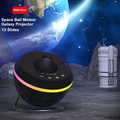 Dynamic Meteor 13 In 1 Ultra Clear Galaxy Projector Lamp positioned on a space-themed backdrop, illustrating its capacity to project breathtaking cosmic imagery for an immersive experience.