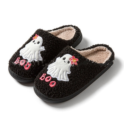 Elegant Plush Black Ghost Cartoon Slippers for Halloween in a stylish angle, featuring intricate ghost artwork and plush fabric for ultimate comfort.
