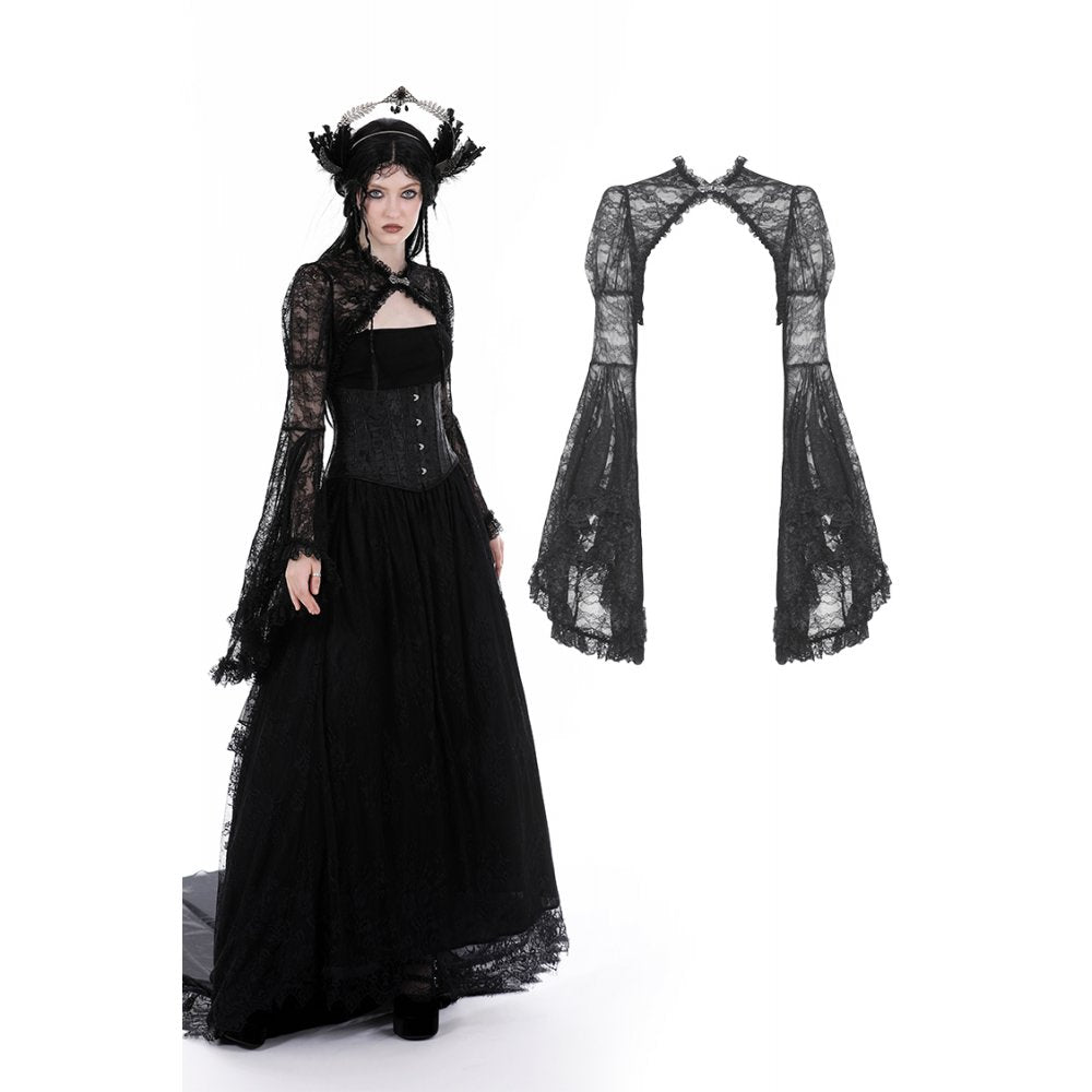Elegant Dark In Love Belladonna Lace Bell Sleeve Goth Shrug showcasing sheer floral lace and voluminous bell sleeves, perfect for gothic glamour and romantic layering.