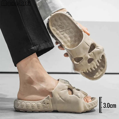Luxury personalized skull design Halloween slippers showcasing a unique skull motif, ideal for both indoor and outdoor wear, adding fun to casual outings.