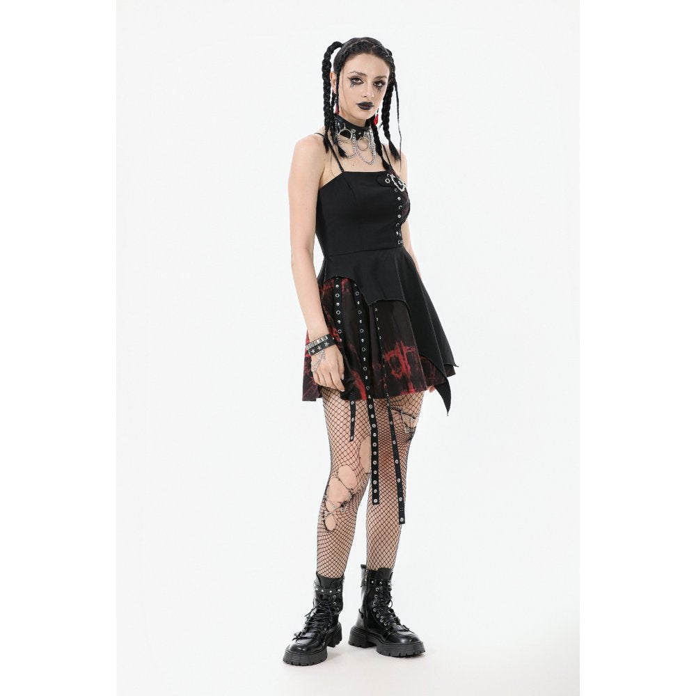 Elegant Dark in Love Nyssa Black & Red Goth Mini Dress showcasing asymmetrical hem and heart buckle detail, perfect for a striking alternative fashion statement.