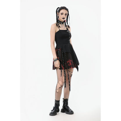 Elegant Dark in Love Nyssa Black & Red Goth Mini Dress showcasing asymmetrical hem and heart buckle detail, perfect for a striking alternative fashion statement.
