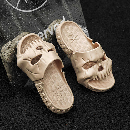 Sophisticated beige personalized skull design Halloween slippers, designed for maximum comfort and fashionable flair, suitable for lounging and beach activities.