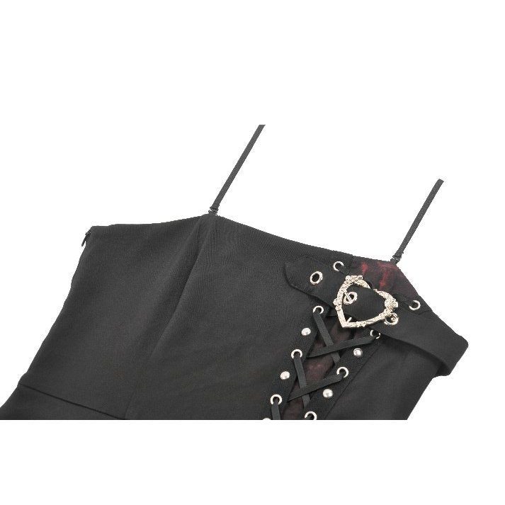Stunning Dark in Love Nyssa black and red goth mini dress featuring intricate silver-tone eyelets and a heart-shaped buckle, set against a stylish backdrop for a luxurious fashion statement.