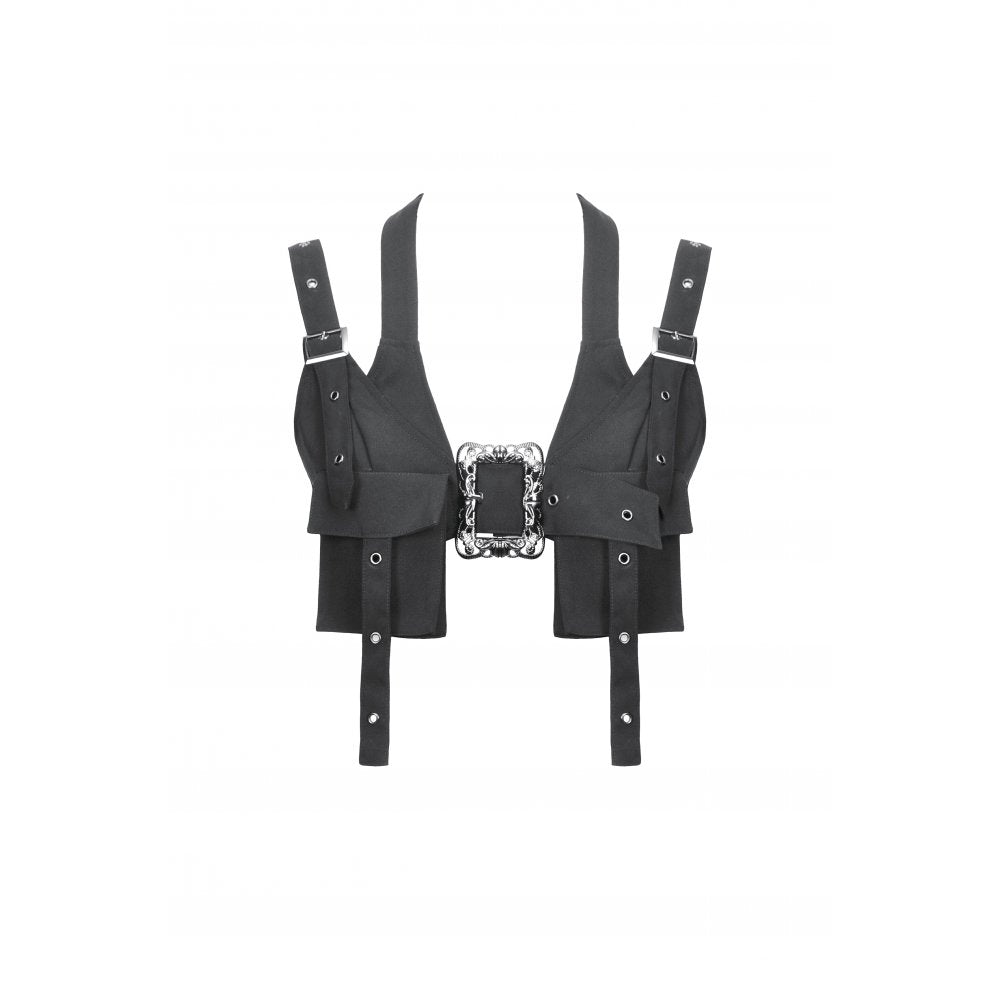 Dark In Love Evangeline Buckled Utility Crop Top featuring a chic harness style with adjustable straps and faux pocket flaps, perfect for Gothic fashion enthusiasts.