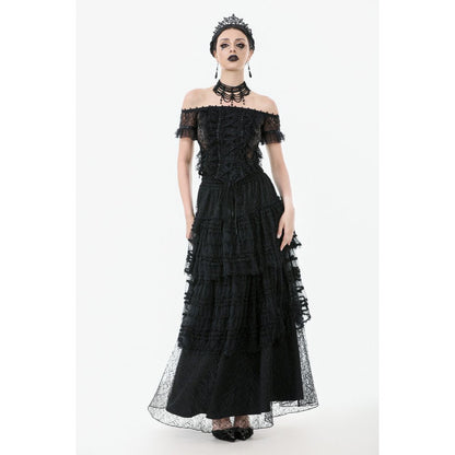 Elegant Morticia Gothic Velvet & Lace Tiered Skirt showcasing a high waist and intricate lace overlay, perfect for alternative fashion lovers.