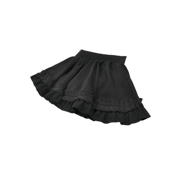 Charming black Lolita-inspired mini skirt displayed on a mannequin, highlighting the playful sweetheart waistband and soft volume.
