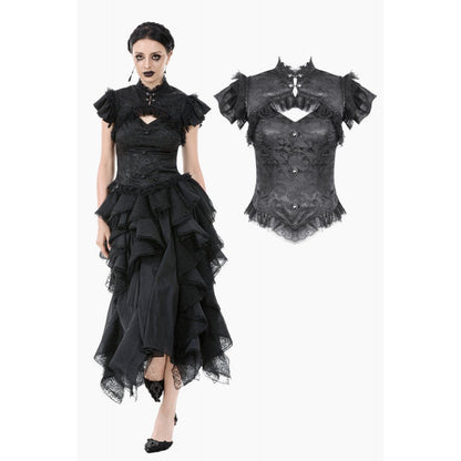 Luxurious black lace top featuring delicate floral patterns and ruffled off-shoulder sleeves, designed for gothic elegance and vintage-inspired style.