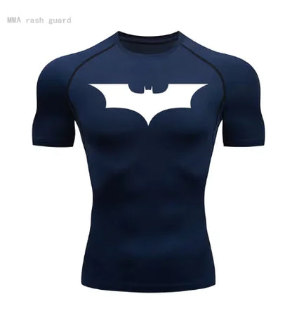 Men's short sleeve compression shirt in navy blue showcasing a white Batman logo, blending luxury with sporty functionality for sun protection.