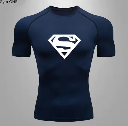Luxury men's quick dry compression t-shirt in navy with iconic logo, perfect for gym and sports activities.