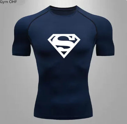 Luxury men's quick dry compression t-shirt in navy with iconic logo, perfect for gym and sports activities.