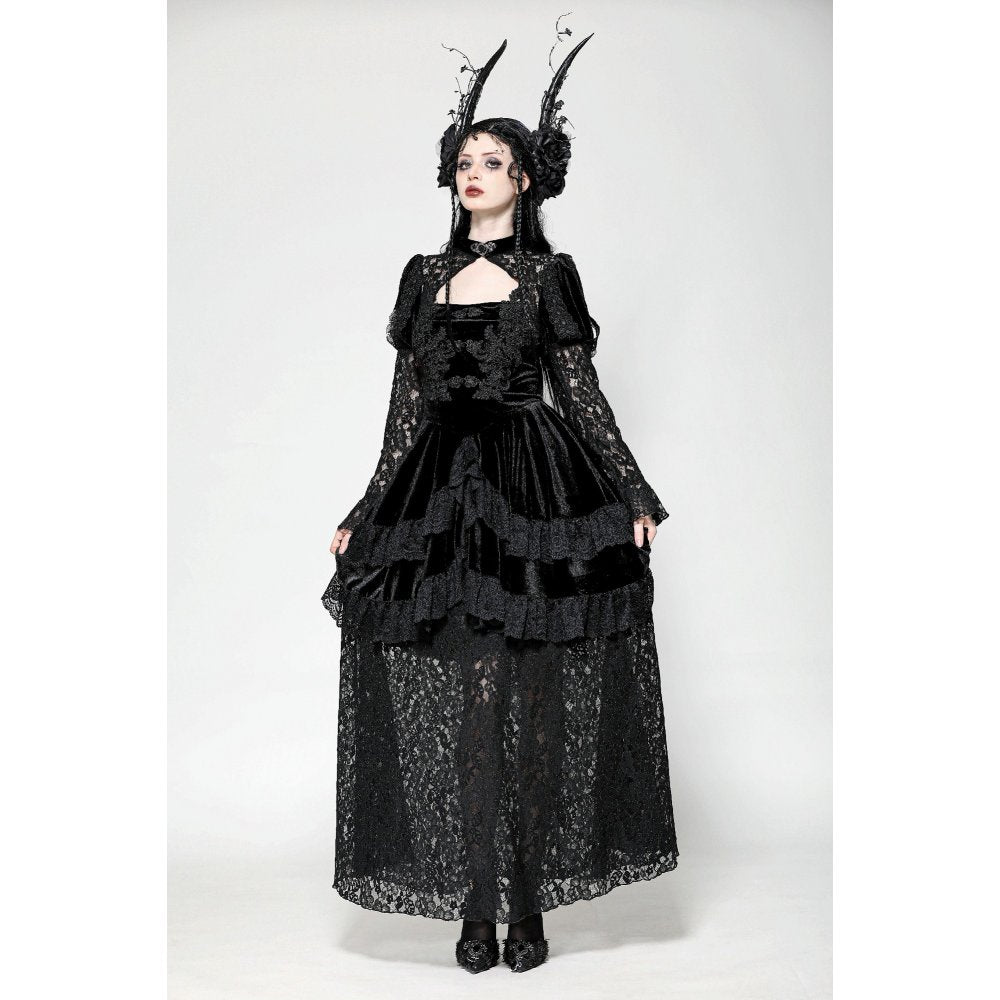 Gothic Velvet Lace Princess Gown in Onyx, featuring high neckline, choker collar, and luxurious keyhole cutout for an elegant dark aesthetic.