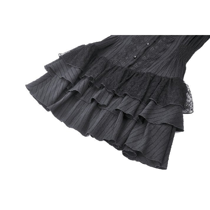 Elegant sleeveless tiered black goth dress featuring intricate lace panels and a bow detail at the collar.