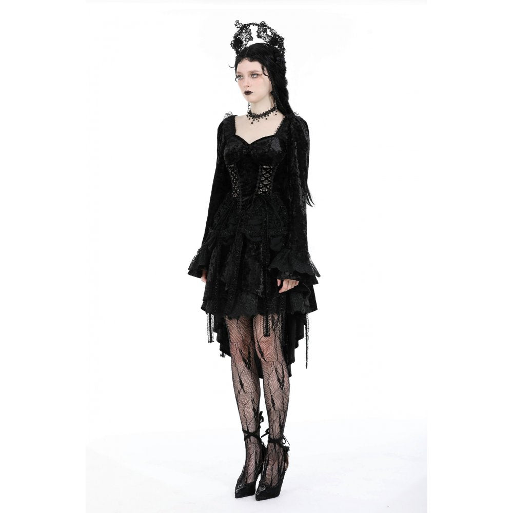 High-low hem design of Dark in Love Seraphina Velvet Lace Goth Dress featuring ruffled skirt and long romantic sleeves, ideal for sophisticated gothic soirées.