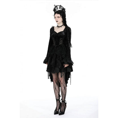 High-low hem design of Dark in Love Seraphina Velvet Lace Goth Dress featuring ruffled skirt and long romantic sleeves, ideal for sophisticated gothic soirées.