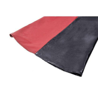 Full view of the Dark in Love Ishtar red and black split faux leather maxi dress, ideal for making a bold fashion statement at any event.