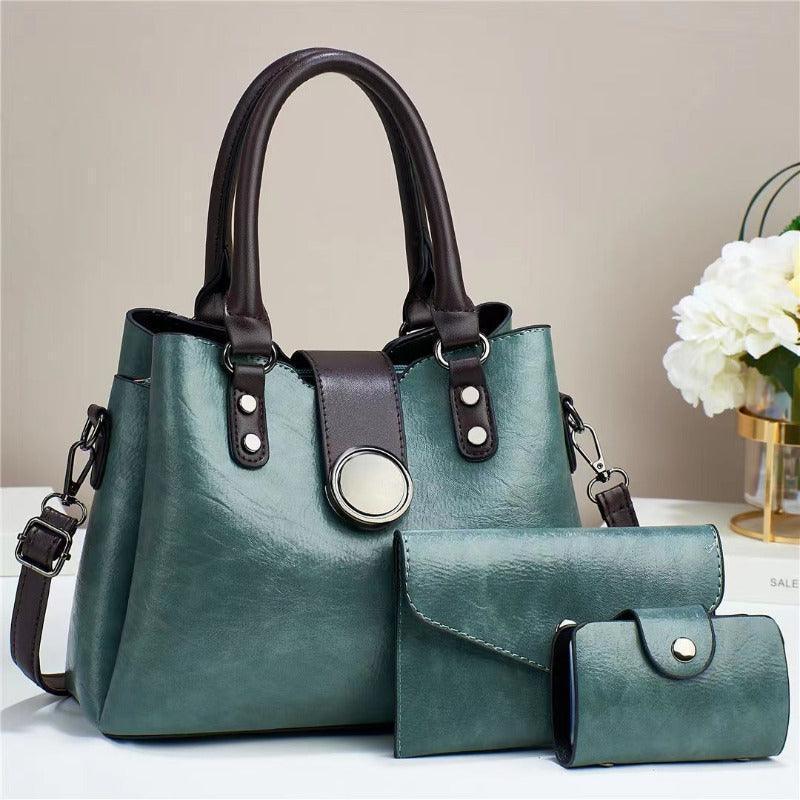Elegant faux leather shoulder handbag set featuring pouch and wallet in versatile styles, ideal for fashionable women, available in multiple classy colour options from Glooosy Store.