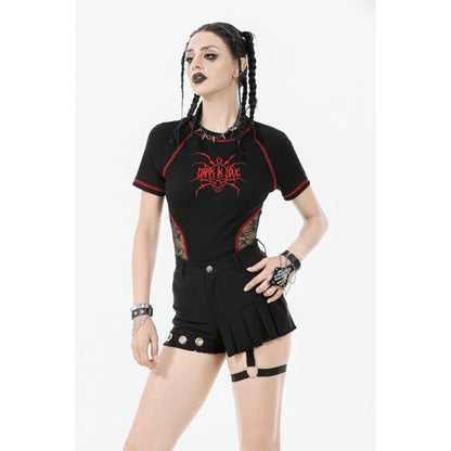 Back view of elegant black garter shorts revealing the structured silhouette and unique asymmetrical hem, ideal for bold streetwear fashion.