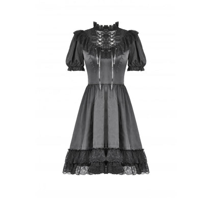 Model wearing the Dark in Love Belladonna Black Goth Dress styled with gothic accessories, perfect for alt fashion events or gothic tea parties.