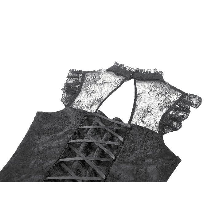 Intricate lace detailing on the Dark in Love Seraphina Ruched Lace Blouse, showcasing its Victorian-inspired design and luxurious satin finish.