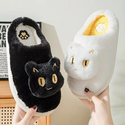 Cotton Cat Slippers Soft Plush Comfy Warm Couple Slip-On House with luxurious black and white cat face slippers, designed for ultimate comfort.