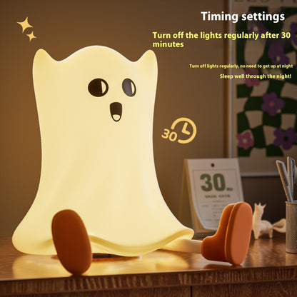 Halloween Silicone Ghost Shaped Bedside Lamp, featuring a whimsical design with a soft glow, ideal for creating a comforting atmosphere in children's rooms and festive decor. Touch control feature and timer settings enhance functionality.