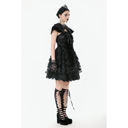 Flat lay of the Dark in Love Morwenna Bat Mesh Layered Goth Mini Dress, featuring the luxurious materials and intricate bat-pattern mesh for a gothic fashion statement.