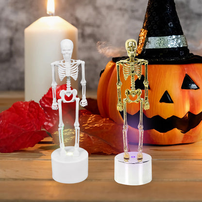 Luminous Halloween Decorations Skull Skeleton Desktop Ornaments showcasing elegant white and golden skeletons illuminated in a sophisticated Halloween setting.