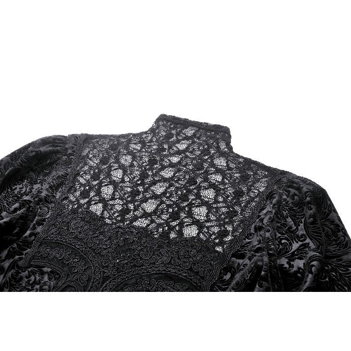 Stylish Dark In Love Cyra Gothic Velvet Top modelled against a striking backdrop, illustrating its elegant silhouette and luxurious texture.