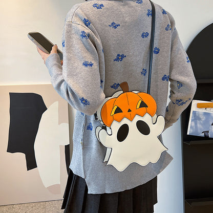 Luxurious 3D Cartoon Pumpkin Ghost Design Shoulder Purse; adds a playful touch to any Halloween outfit while ensuring practicality.