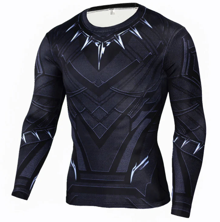 Luxurious long sleeve compression t-shirt in Black Panther design, featuring intricate patterns and a sleek fit, perfect for athletic performance and style.