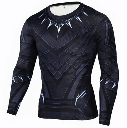 Luxurious long sleeve compression t-shirt in Black Panther design, featuring intricate patterns and a sleek fit, perfect for athletic performance and style.