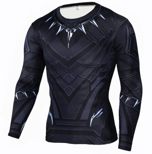 Luxurious long sleeve compression t-shirt in Black Panther design, featuring intricate patterns and a sleek fit, perfect for athletic performance and style.