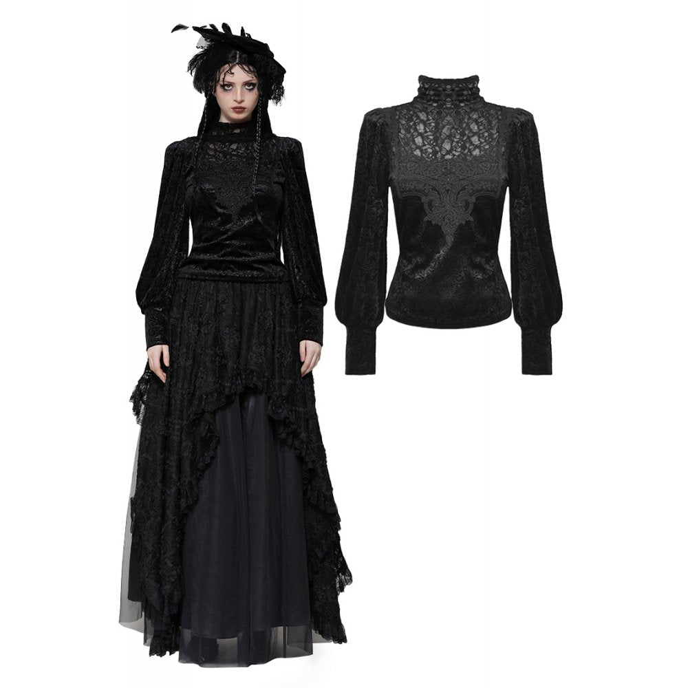 Luxurious Dark In Love Cyra Gothic Jacquard Velvet Top featuring intricate embroidered lace neckline and elegant turtle neck design.