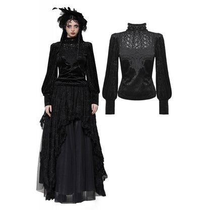 Luxurious Dark In Love Cyra Gothic Jacquard Velvet Top featuring intricate embroidered lace neckline and elegant turtle neck design.