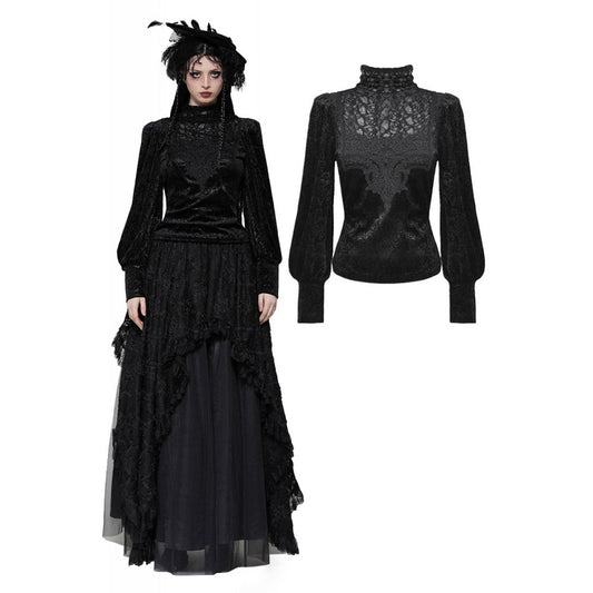 Luxurious Dark In Love Cyra Gothic Jacquard Velvet Top featuring intricate embroidered lace neckline and elegant turtle neck design.