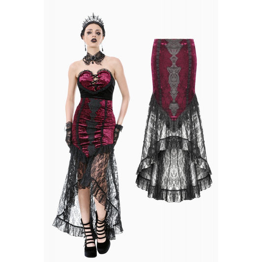 Gothic elegance showcased in the Dark in Love Crimson Queen High-Low Lace Skirt, featuring a luxurious burgundy velvet centre and intricate black lace detailing.