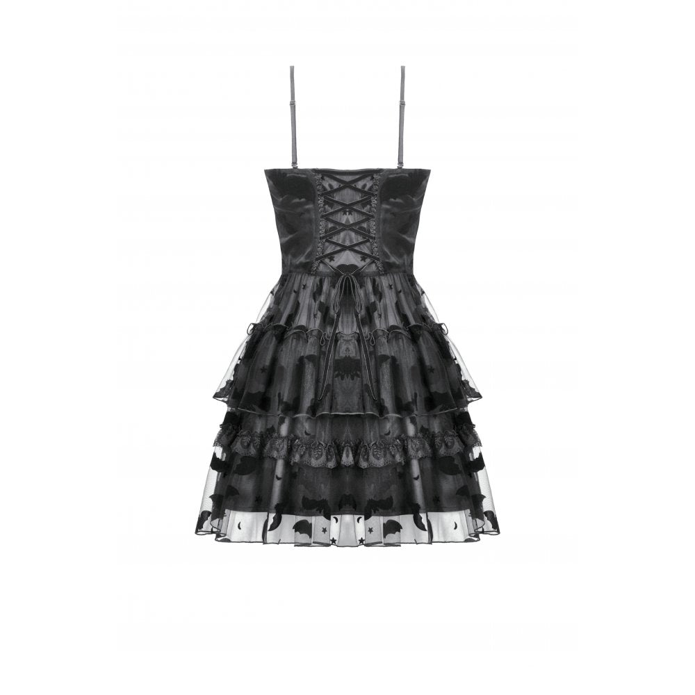 Full length display of the Dark in Love Morwenna Bat Mesh Layered Goth Mini Dress, highlighting the tiered skirt's sheer overlays and its alluring silhouette for alternative fashion enthusiasts.